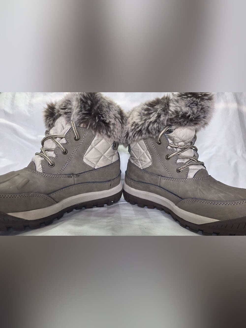 BEARPAW Becka Women’s Waterproof Snow Boots Stone Gray Fur Trim Lace Up Size 8 - Picture 5 of 11